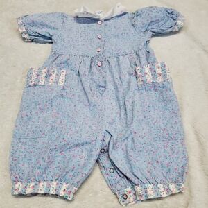 Vintage OshKosh B'gosh Blue White Floral Collar Bubble Romper Girls 24 months